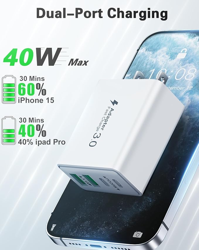 2-Pack iPhone 14 13 Charger Fast Charging, 40W 4-Port USB C Chargers Block with 6FT USB C to Lightning Cable for iPhone 14 13 12 11 Pro Max XS XR X 8, Multi Wall Plug Power Adapter Charging Box