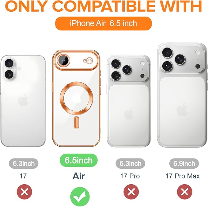 Hython Magnetic Clear for iPhone Air Case with Camera Lens Protector [Compatible with MagSafe] Luxury Plating Edge Slim Soft TPU Cover Protective Phone Case for iPhone Air 6.5", Orange