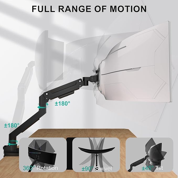 WALI Ultrawide Single Monitor Arm for 13-49 Inch Heavy Duty Curved Screens, up to 44 Lbs, Adjustable Single Monitor Desk Mount with C-Clamp, Grommet Base, 75/100mm VESA (GSM001XL), Black