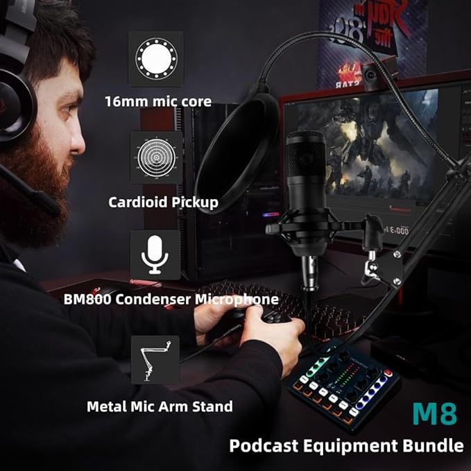 Podcast Equipment Bundle, BM-800 Recording Studio Package with Voice Changer, Live Sound Card - Audio Interface for Laptop Computer Vlog Living Broadcast Live Streaming