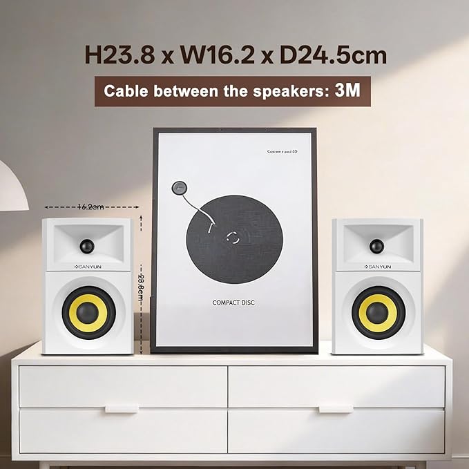 Sanyun SW205 4" 80W HiFi Bookshelf Speakers, 2.0 Active Near Field Studio Monitor, Upgraded 3D Sound Field, Flagship DAC & DSP, Geometric Diffusion Cabinet, Bluetooth 5.4/Optical/AUX, White