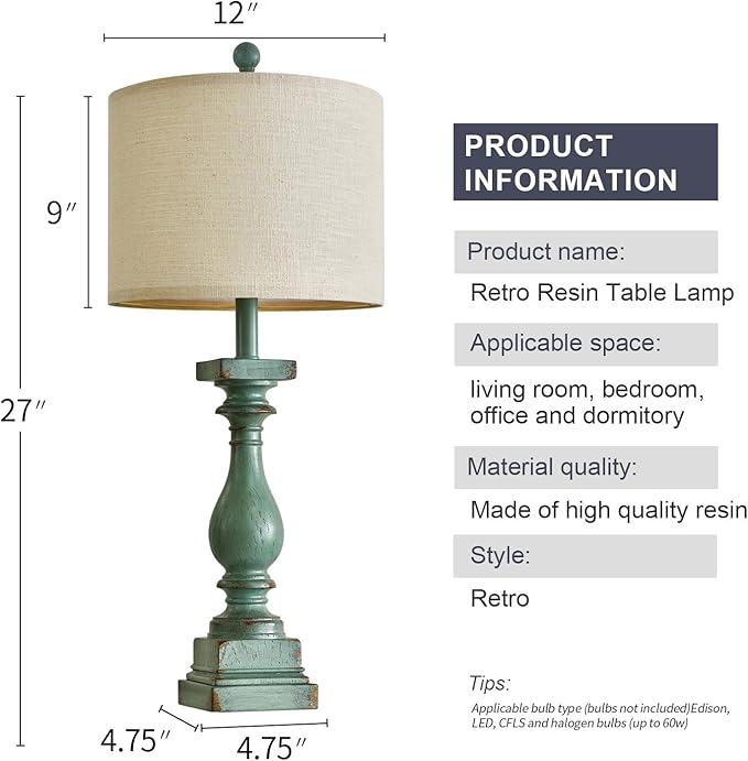 BOBOMOMO 27" Farmhouse Table Lamp Set of 2 with USB A+C for Bedroom Living Room Vintage Rustic Traditional Nightstand Bedside Lamps Retro Side Table Lamps (Green)