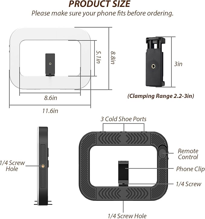 Smartphone Video Rig with Light, Handheld Ring Selfie Light Kit, LED Mobile Video Stabilizer with Built-in 8000mAh Battery for Camera, Smartphone, YouTube, TikTok Video Recording, Makeup