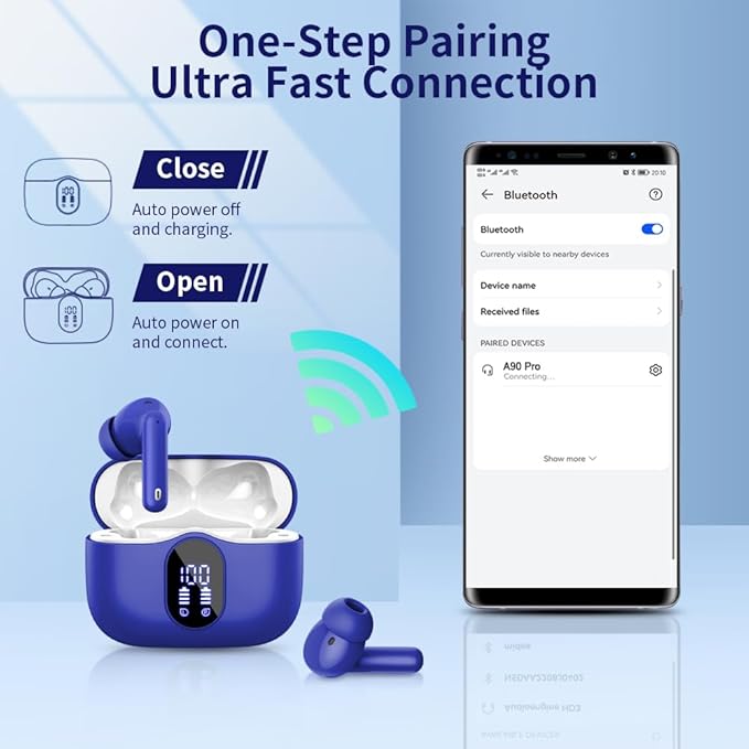 Btootos Wireless Earbuds Bluetooth 5.3 Headphones Bass Stereo Ear Buds with Noise Cancelling Mic LED Display in Ear Earphones IP7 Waterproof 36H Playtime for Laptop Pad Phones Sports Sapphire Blue