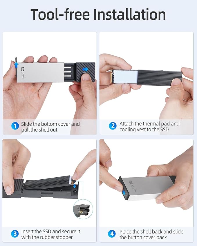 M.2 NVMe Enclosure M.2 SSD Enclosure with 10Gbps Transmission, USB 3.2 NVME SSD Enclosure Adapter for 2230 2242 2260 2280 M.2 PCIe NVMe M-Key & M+B Key SSD (Tool-Less, Type C to A)