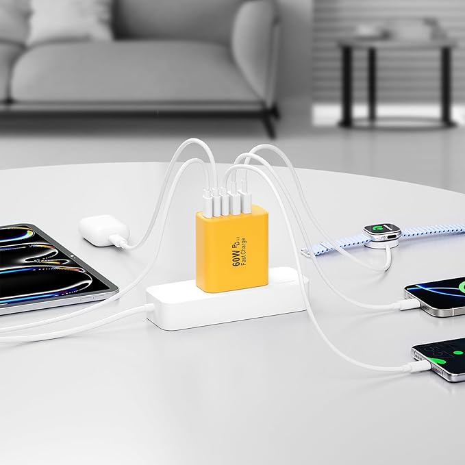 USB C Charger Block, 60W 5-Port Type C Charger Fast Charging Block, USBC USB Multiple Port Wall Charger Plug Adapter for iPhone 17/Air/16/15/14/13/12/11 Pro Max, Samsung Galaxy, iPad, Tablet (Yellow)