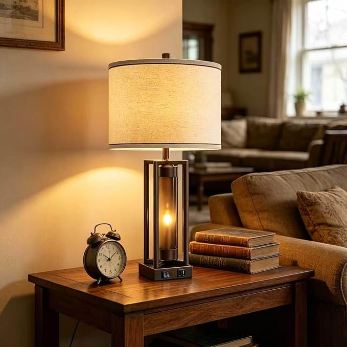 Rustic Table Lamps for Living Room with USB C+A Ports, Farmhouse Vintage Nightstand Lamp with Amber Acrylic Night Light, Retro Desk Lamp for Bedroom Entryway Dorm, 2 Bulbs Included (Brown)