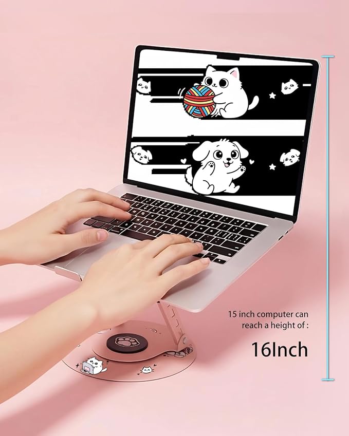 Upgraded Pink Swivel Laptop Stand - 360° Rotating Base & Foldable|Cute Cat Patterns for Healing Vibe|Fits MacBook & 13-15" Laptops|Ideal for Desk Work,Office,Travel,Home,Painting