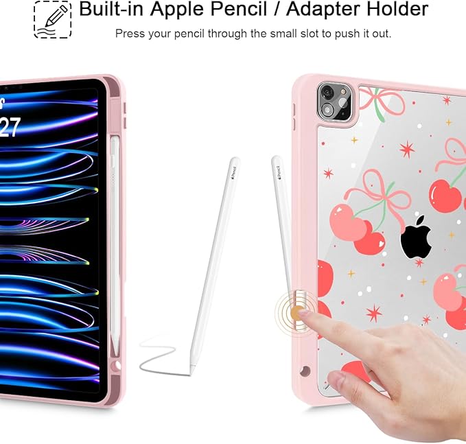 Tuiklol for iPad Pro 12.9 Inch 6th/5th/4th/3rd Generation 2022 2021 2020 2018 Case,Built-in Pencil Holder Clear Transparent Protective Back Shell Cover with Auto Sleep/Wake, Etro Cherry
