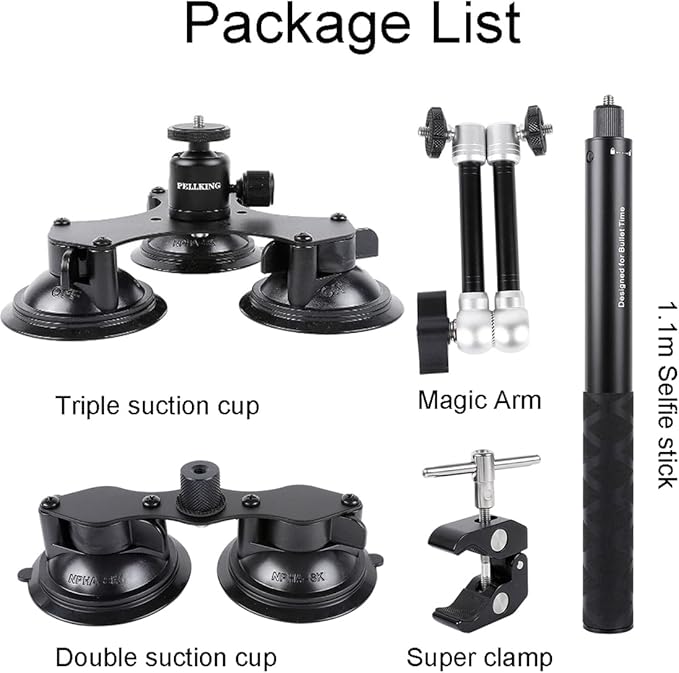 PellKing Suction Car Mount Kit for Insta360 X5/X4, X3,GO 3, 4 in1 Suction Cups with 114cm Selfie Stick Camera Triple Suction Mount Kit for Action Cameras,Compatible with GoPro 11,10,9,8,7(with Stick)