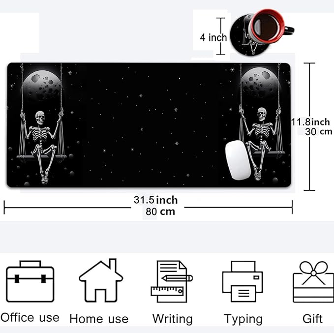 Large Mouse Pad, 31.5 x 11.8in Extended Gaming Mouse Pad with Stitched Edges,XXL Mousepad Protector Non Slip Rubber Base for Office & Home Writing Mat,Funy Skeleton Skeleton Planet Black Desk Mat