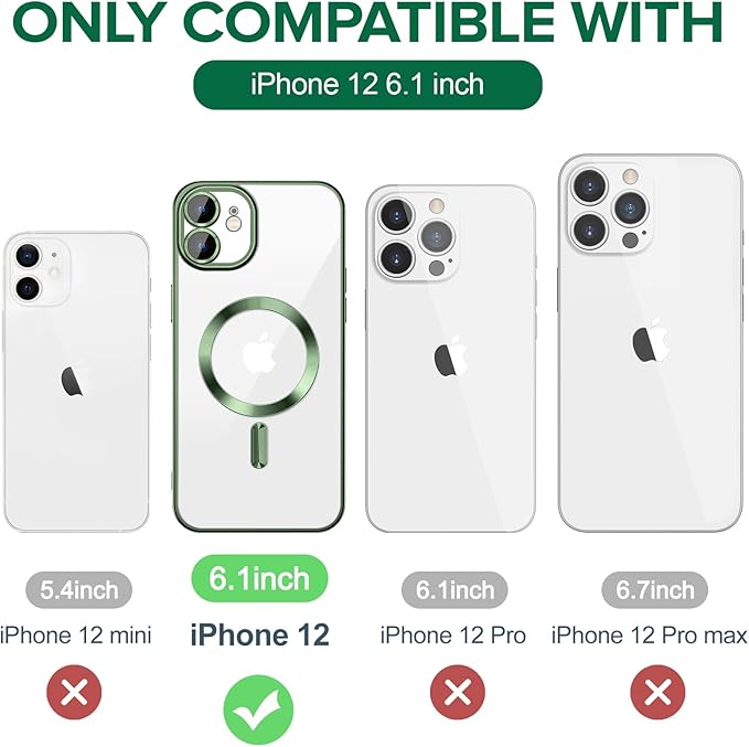 Hython Magnetic Clear for iPhone 12 Case with Camera Lens Protector [Compatible with MagSafe] Luxury Plating Edge Slim Soft TPU Cover Protective Phone Case for iPhone 12 6.1", Deep Green