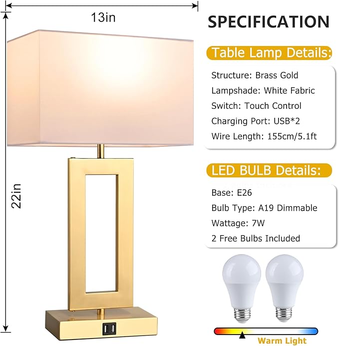 BrightWe 22’’ Set of 2 Touch Control Table Lamps w. 2 USB Ports, 3-Way Dimmable Bedroom Bedside Nightstand Touch Lamps, Modern Gold&White Lamps for Living Room End Table, LED Bulbs Included