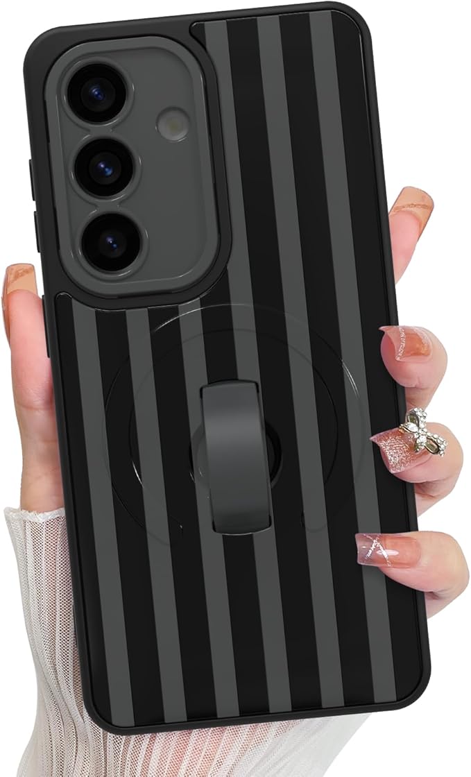 KANGHAR Compatible with Samsung Galaxy S26 Case, Support for MagSafe, Silicone Stripes Cute Pattern, Wristband Kickstand Camera Protection Soft Slim Cover for Girls Women -Black