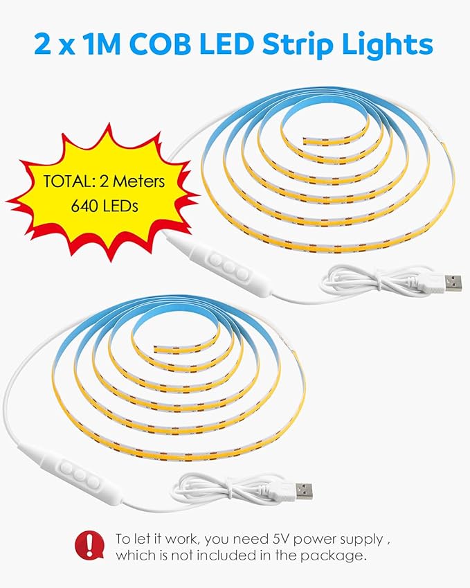 Aclorol 5V USB Powered Dimmable COB LED Strip Light 3.28FT/1M 320LEDs Cold White LED Flexible Tape Lights with 1.5M Cable for Under Cabinet TV Backlight Bedroom Wardrobe Shelves Displays (2 Pack)
