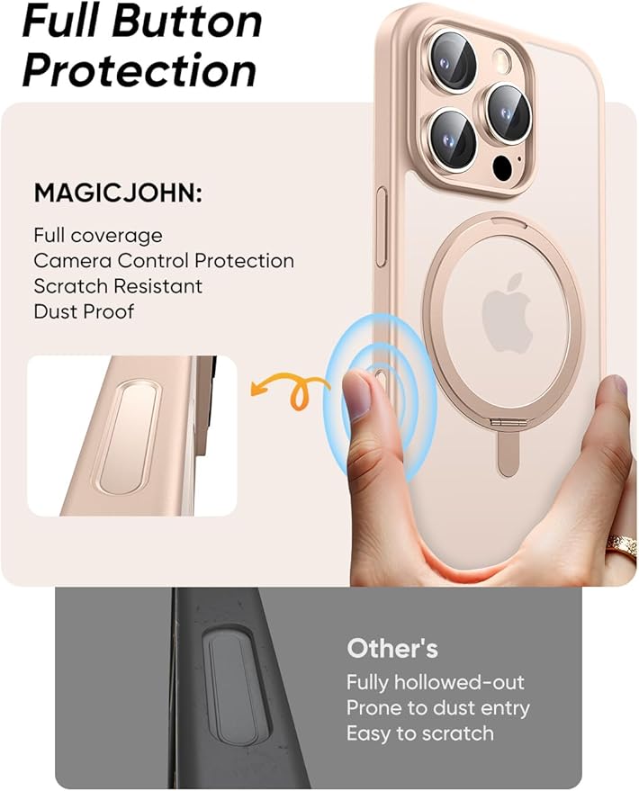 MAGIC JOHN 360° Rotatable Magnetic Invisible Stand for iPhone 16 Pro Case [Camera Control Button] [Compatible with MagSafe] 16FT Shockproof for iPhone 16 Pro Case with Kickstand, Rose Gold