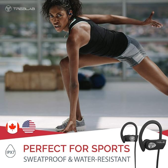 TREBLAB XR500 Bluetooth Running Headphones, IPX7 Waterproof, Noise Cancelling, Secure-Fit, Wireless Sport Earbuds with Mic