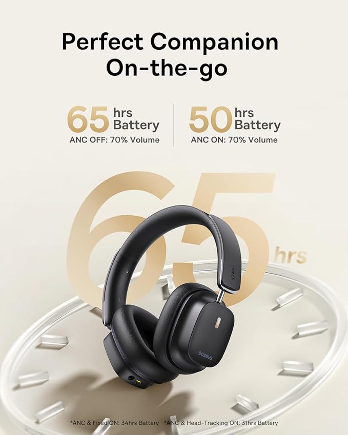 Baseus Bowie 30 Max Active Noise Cancelling Headphones, Head Tracking Spatial Audio, LDAC Hi-Res Wireless Sound, 65H Playtime, Comfort Fit, Clear Calls, App Control, Bluetooth 5.4 Headphones Over Ear