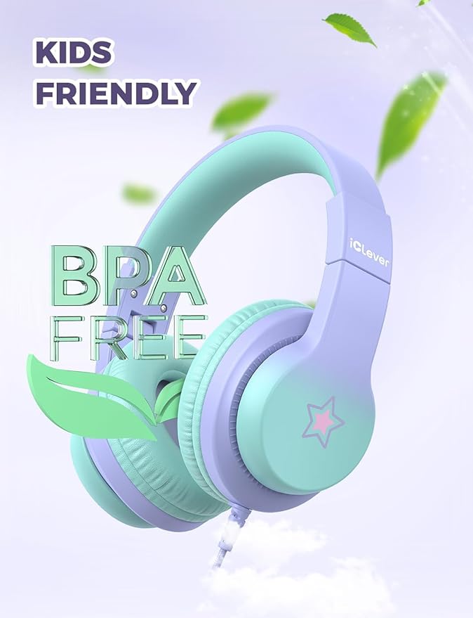 iClever HS19S Kids Headphones, 85dBA Safe Volume Limiter - Over Ear Stereo Headphones for Kids Boys Girls, Foldable 3.5mm Jack Wired Headphone for iPad/Tablet/School/Travel