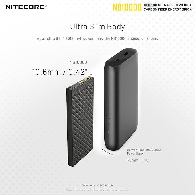 Nitecore NB10000 Gen II (Gen 2) Ultra-Slim Power Bank, 10000mAh QC Quick-Charge USB and USB-C Dual Outputs with Cables for Phones, Flashlights and Headlamps, Dual Cable Bundle