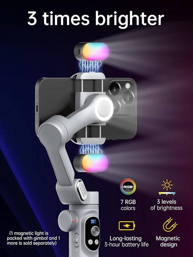 AOCHUAN iPhone Gimbal, 3-Axis Gimbal Stabilizer for Smartphone w/RGB Magnetic Fill Light Portable with Fous/Zoom Wheel for Vlog, Compatible with iPhone 15 Pro Max/Android-Smart X Pro Kit Gray