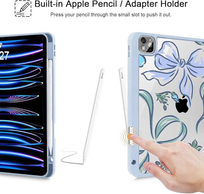Mektron Case for iPad Pro 11 inch (4th, 3rd, 2nd & 1st Gen) 2022 2021 2020 2018, Buit in Pencil Holder with Shockproof Cover Clear Shell + Trifold Stand + Auto Wake/Sleep, Bows C355