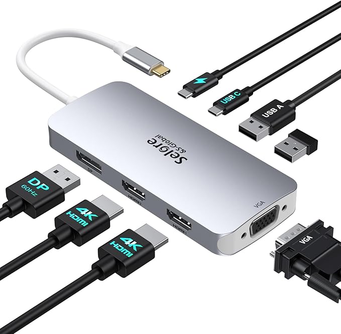 USB C Docking Station Dual HDMI Monitor Adapter, Selore USB C Hub 3 Monitors with Dual HDMI, Displayport, VGA, 100W PD Charging, 3USB 2.0 Ports Adapter for Dell XPS,HP, Lenovo,etc(Silver)