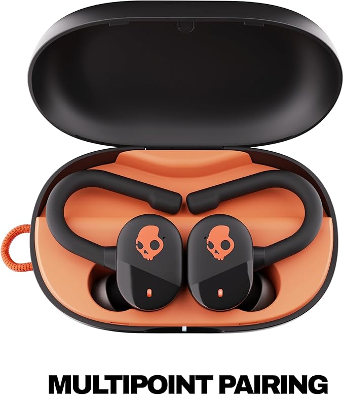 Skullcandy Push Play Active Wireless Earbuds, Bluetooth Headphones, Noise Isolating Fit, 34 Hrs Battery, Secure-Fit Over-Ear Hanger, Sweat Water Resistant, Microphone for iPhone Android - Black/Orange