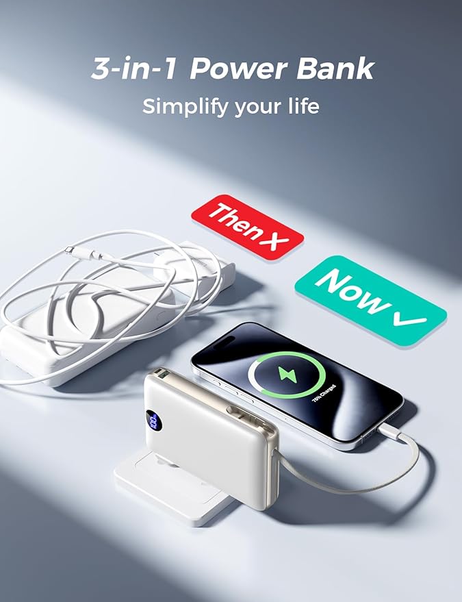 Power Bank, 50000 mAh Portable Charger with Built in Cable & Wall Plug, 22.5W Fast Charging, Travel Essential Battery Pack with LED Display for iPhone 17/16/15/14 Series, Galaxy, iPad White