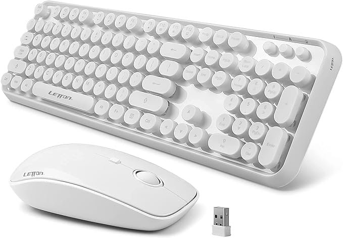 White Retro Typewriter Keyboard and Mouse Wireless Combo, Cute Wireless Keyboard with Retro Round Keycaps,2.4Ghz Full Szie Creamy Clicky & Satisfying Typing Keyboard&3 DPI Mouse for PC Laptop Desktop