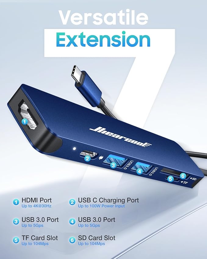 Hiearcool USB C Hub for MacBook Air/Pro, 7-in-1 USBC Adapter Multiport with 4K HDMI Dongle, USB-C Dock Laptop Docking Station for Thunderbolt 3/4 Laptops and Other Type-C Devices