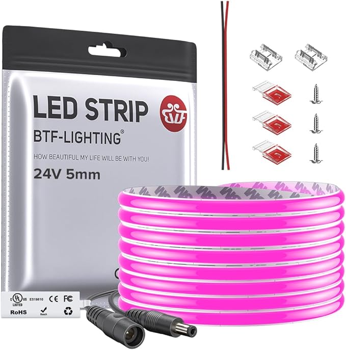 BTF-LIGHTING FCOB COB LED Strip Purple Color 5mm Width UL Listed Super Narrow Flexible Uniform Light DC24V 16.4FT CRI 90+ Dimmable LED Ribbon for Bedroom Home Indoor Decor(No Adapter or Controller)