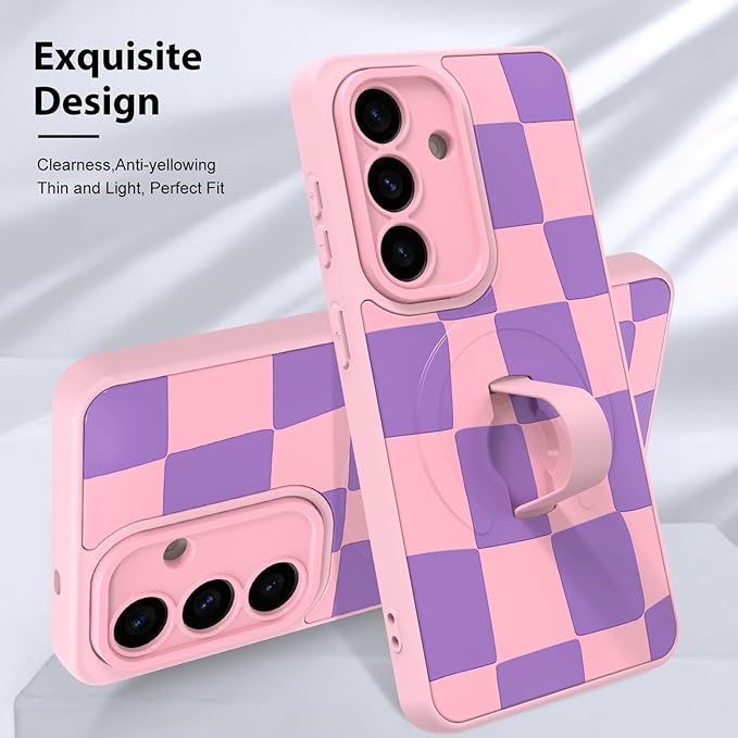 KANGHAR Compatible with Samsung Galaxy S26 Case, Support for MagSafe, Silicone Checkered Cute Pattern, Wristband Kickstand Camera Protection Soft Slim Cover for Girls Women -Pink