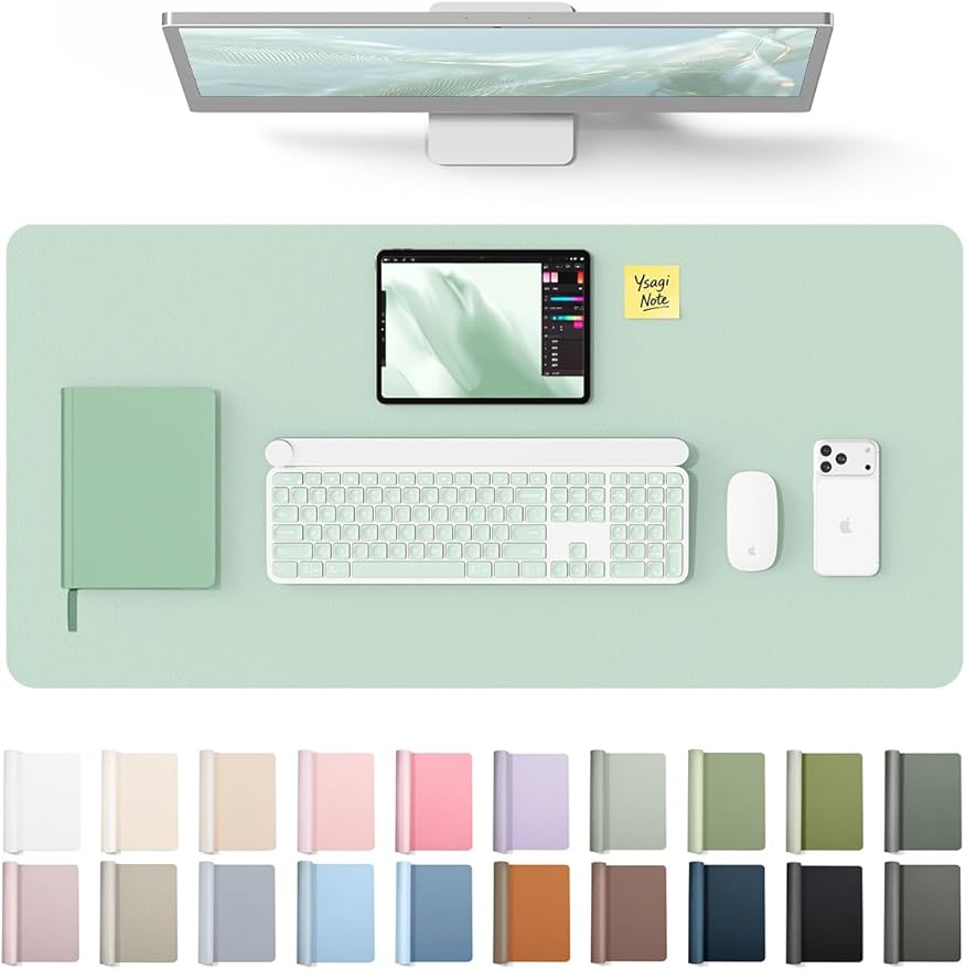 YSAGi Leather Desk Protector, Office Mat, Large Mouse Mat, Non-Slip PU Leather Blotter, Laptop Desk Pad, Waterproof Writing Pad for Office and Home (Pale Green, 35.4" x 17")