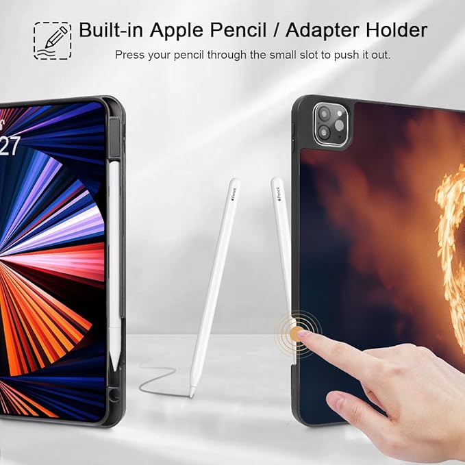 Tuiklo for iPad Pro 12.9 inch 6th / 5th / 4th / 3rd Generation 2022 2021 2020 2018 Release Case- Built in Pencil Holder Slim Protective Cover with Auto Wake/Sleep, Fire Dragon