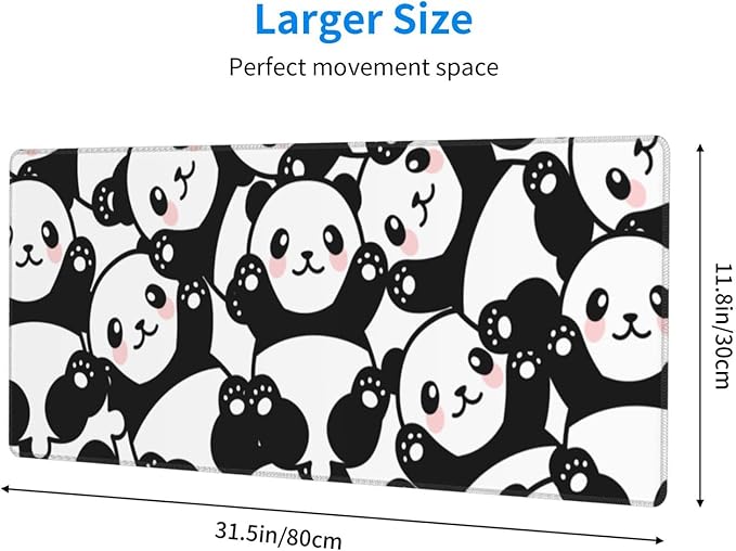 Cute Panda Print Mouse Pad Extended Large Gaming Mouse Pad XL Oversized Desk Pad Stitched Edges Non-Slip Mat 31.5 X 11.8 Inch