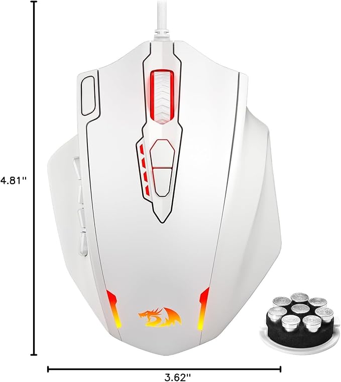 Redragon M908 Impact RGB LED MMO Gaming Mouse with 12 Side Buttons, Optical Wired Ergonomic Mouse with Max 12,400DPI, High Precision, 18 Programmable Macro Shortcuts, Comfort Grip, White