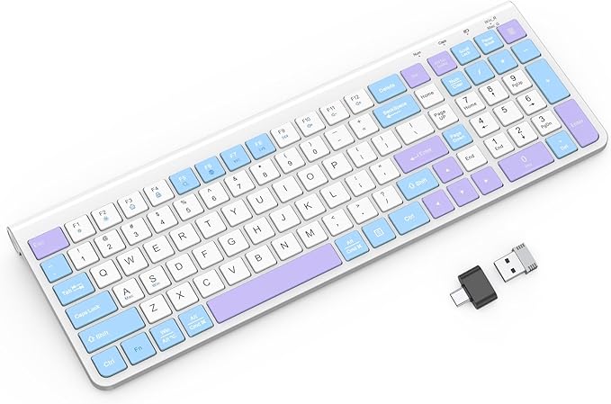 GAMCATZ Colorful Wireless Keyboard with Low-Profile Keys-Soft Touch,Cute,Quiet Design,Windows & Mac OS，Office Cordless Slient Computer Keyboard for Desktop,Laptop, PC, Mac, Windows-Purple Blue White