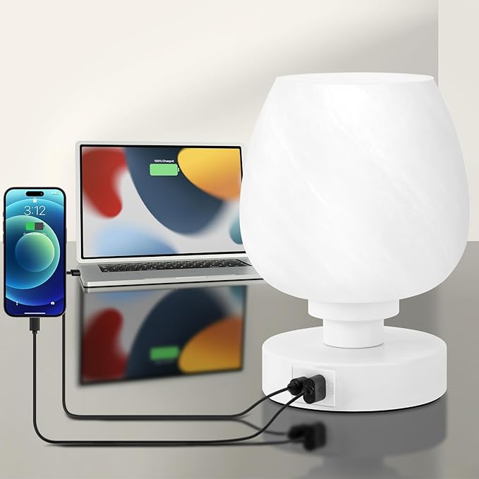 Bedside Table Lamp - Touch Small Lamp for Bedroom Nightstand, 3-Way Dimmable, USB A+C Charging Ports, White Opal Glass Shade, Warm LED Bulb Included