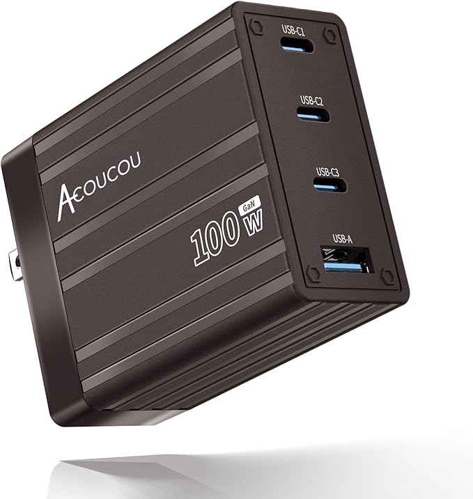 ACOUCOU 100W USB C Charger, 4-Port GaN Fast Charging Foldable Compact Laptop Charger Power Adapter for MacBook, Ipad, iPhone, Galaxy S24 Ultra, Steam Deck, Google Pixelbook and More