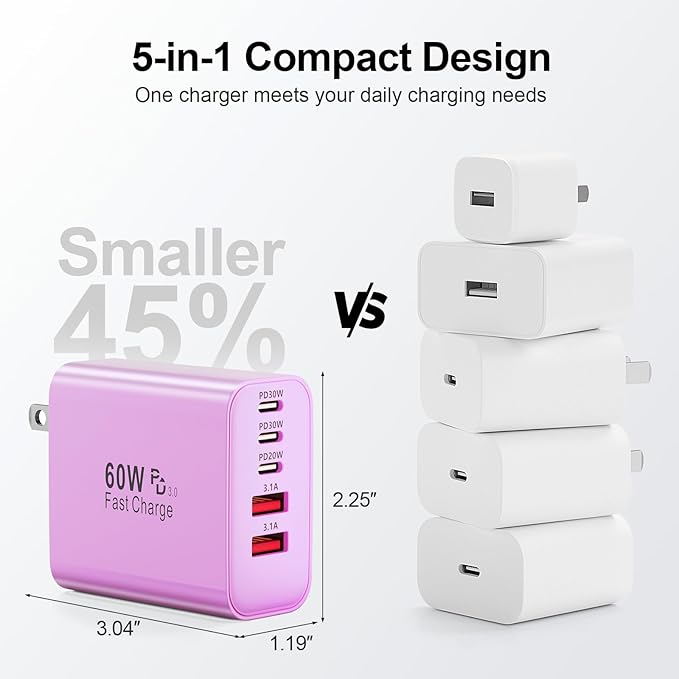 USB C Charger Block, 60W 5-Port Type C Charger Fast Charging Block, USBC USB Multiple Port Wall Charger Plug Adapter for iPhone 17/Air/16/15/14/13/12/11 Pro Max, Samsung Galaxy, iPad, Tablet (Purple)