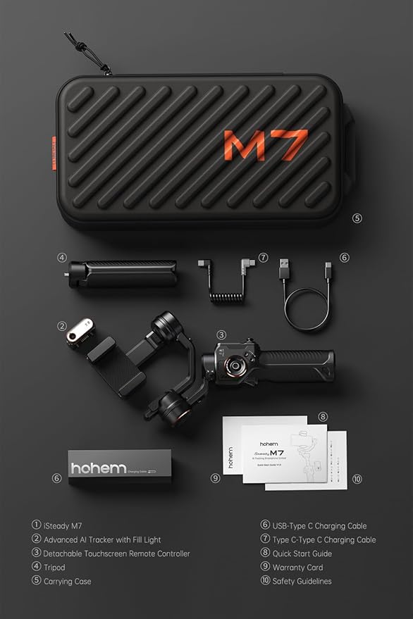 Hohem iSteady M7 Gimbal Stabilizer for Smartphone, Magnetic AI Tracker Fill Light, Detachable Touchscreen Remote Controller, Built-in Extension Rod, 500g Payload Gimbal Stabilizer for iPhone Android