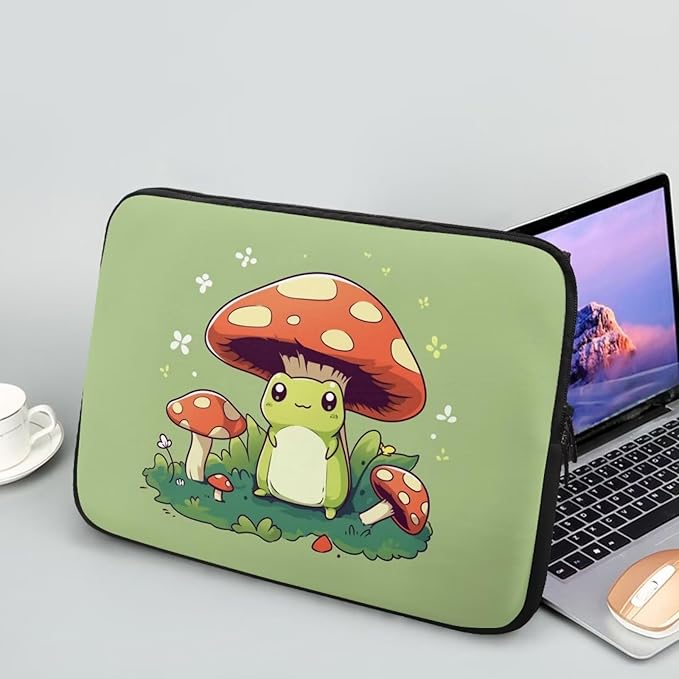 Cute Frog Laptop Protective Sleeve for Women Men 13 Inch Computer Sleeve Neoprene Laptop Bag Mushroom Lap Top Case Suitable for Travel School Office Organizers Green