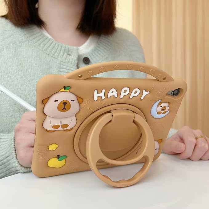 3D Cute Press Capybara Case for iPad Air 1st 2nd/iPad Pro 2016/iPad 5th 6th 9.7 inch,Kawaii Cartoon Character Capybara Soft Silicone Rotating Stand Case with Lanyard for Kids Teens Girls Women