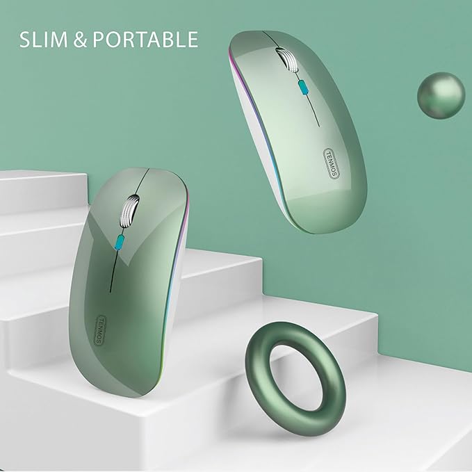 TENMOS Wireless Bluetooth Mouse, LED Slim (Bluetooth 5.1 + USB) 2.4GHz Rechargeable Silent Bluetooth Wireless Mouse for Laptop/MacBook/iPad OS 13 and Above (Blackish Green)