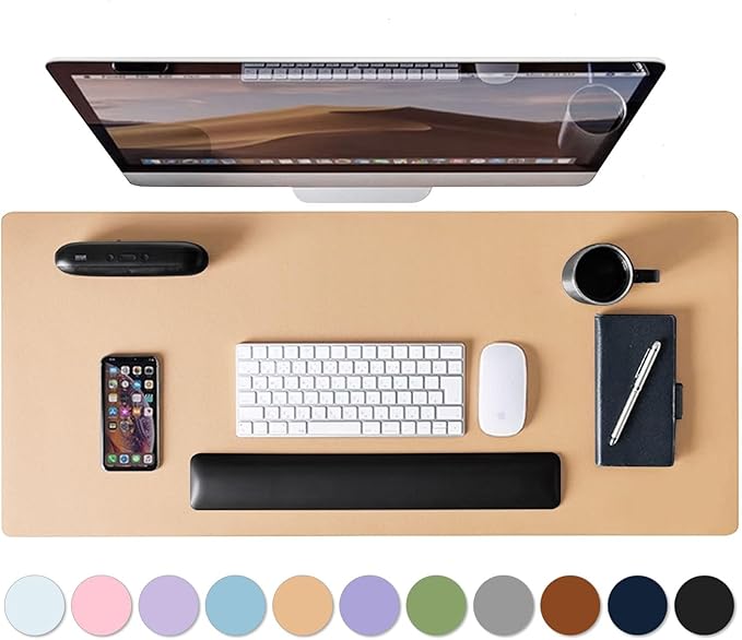 Mouse Pad Desk Protector Mat, Large PU Leather Office Desk Mat, Non-Slip Desk Pad for Keyboard and Mouse, Waterproof Desk Blotter Pad for Writing, Wide & Smooth Laptop Desk Pads, Khaki (17’’X36’’)