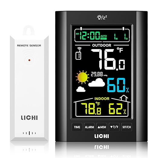 Weather Station Wireless Indoor Outdoor Thermometer， Inside Outside Temperature Humidity Monitor，with 330ft Range Sensor and Adjustable Backlight (Black)