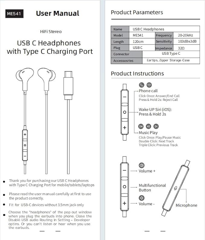 USB C Headphone for Samsung S26 S25 FE S24 A16 A17 Wired Earbuds Magnetic in-Ear Type C Earphone with Microphone Volume Control Bass Stereo Noise Canceling for iPhone 17 Pro Max 16 16e 15 Pixel 10a 9a