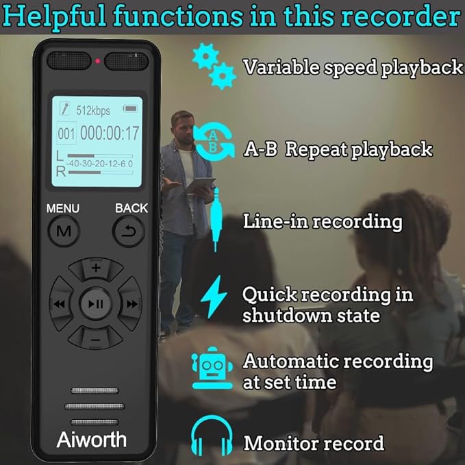 136GB Digital Voice Recorder Voice Activated Recorder for Lectures Meetings - aiworth 9860 Hours Sound Audio Recorder Dictaphone Recording Device with Playback,MP3 Player,Password,Variable Speed.