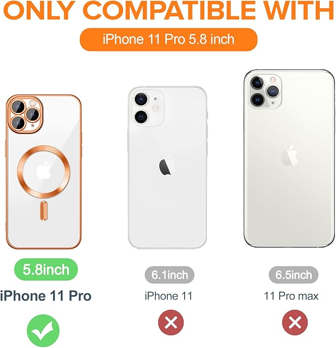 Hython Magnetic Clear for iPhone 11 Pro Case with Camera Lens Protector [Compatible with MagSafe] Luxury Plating Edge Slim Soft TPU Cover Protective Phone Case for iPhone 11 Pro 5.8", Orange